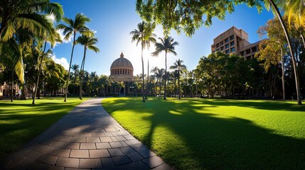 Obraz premium Hawaii State Capitol Building, sunny day, park, path