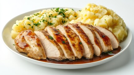 A plate featuring grilled chicken breast garnished with fresh rosemary, accompanied by a generous serving of creamy mashed potatoes.