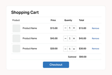 Online shopping cart interface with product list, prices, and checkout button