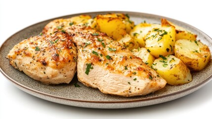 A plate featuring grilled chicken breast garnished with fresh rosemary, accompanied by a generous serving of creamy mashed potatoes.