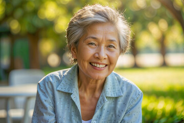 Portrait of happy smiling elderly Asian woman on blurred green background of park cafe in sun rays