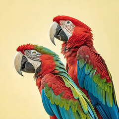 Fototapeta premium Macaws, colorful ultra-detailed image of two macaws perched together, showcasing their vivid, multi-colored feathers against a tropical backdrop of lush greenery and bright sunlight.