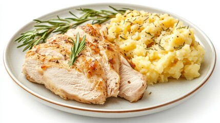 A plate featuring grilled chicken breast garnished with fresh rosemary, accompanied by a generous serving of creamy mashed potatoes.