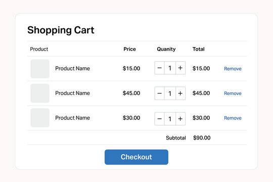 Online shopping cart interface with product list, prices, and checkout button