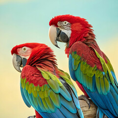 Fototapeta premium Macaws, colorful ultra-detailed image of two macaws perched together, showcasing their vivid, multi-colored feathers against a tropical backdrop of lush greenery and bright sunlight.