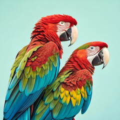 Obraz premium Macaws, colorful ultra-detailed image of two macaws perched together, showcasing their vivid, multi-colored feathers against a tropical backdrop of lush greenery and bright sunlight.