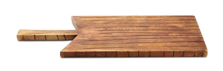 One wooden serving board isolated on white. Space for text