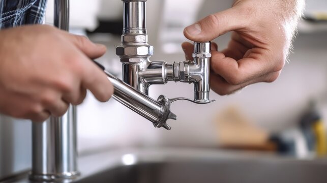 Plumber fixing sink pipes. Indoor kitchen renovation site