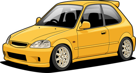 Obraz premium High-quality vector illustration of a stylish yellow hatchback with a sleek design, perfect for automotive themes, advertisements, and creative projects. Ideal for designers and enthusiasts alike