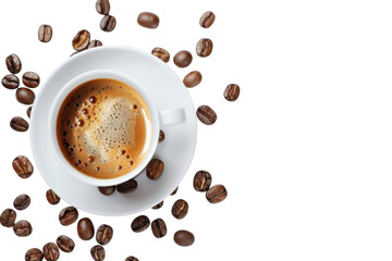 A warm cup of freshly brewed coffee surrounded by roasted beans on a clean white surface, inviting comfort on a quiet morning isolated on transparent background