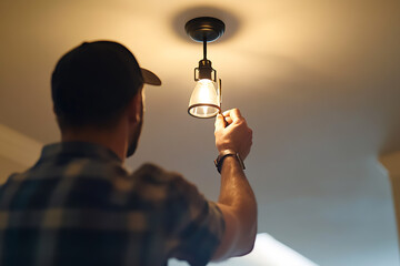 Electrician fixing a light fixture in a residential living room. Featuring precision and attention to detail