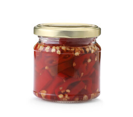 Tasty pickled peppers in jar isolated on white