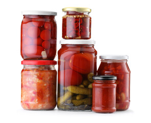 Many jars with different pickled products isolated on white