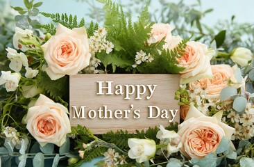 Peach Rose Wreath with Ferns and Greenery: Elegant Mother's Day Celebration with Wooden Sign