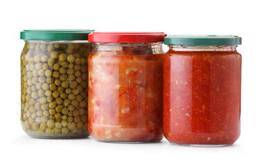 Many jars with different pickled products isolated on white