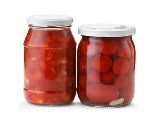 Tasty pickled products in jars isolated on white