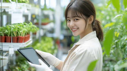 Korean agricultural scientist woman holding tablet working in chile plant modern greenhouse