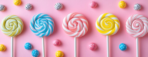 Pastel background retro candy shop aesthetic with vintage swirl lollipops and polka dot paper wrappers, scattered objects, high angle flat lay