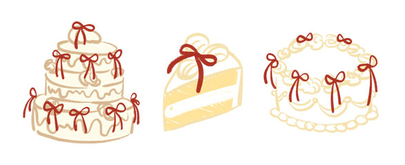 Illustrated Cakes with Red Ribbon Decorations