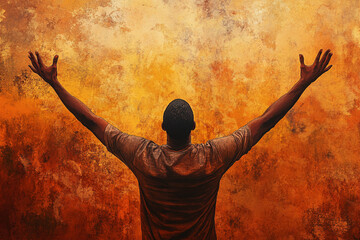 Man with arms raised high against a fiery orange background a powerful image of hope and faith
