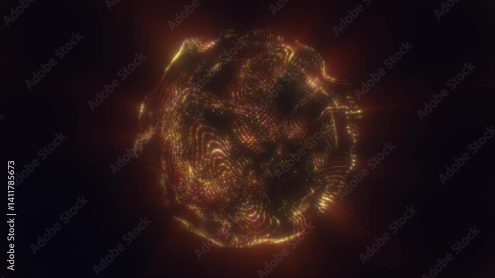 Poster a golden-hued glowing sphere made of intricate light patterns floating in a dark void background, vi
