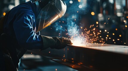 Welder fusing steel beams together in a bright industrial space. Featuring precision and strength
