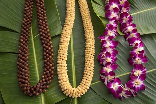Three Hawaiian Leis on Banana Leaves