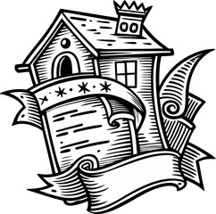 Naklejka premium Vintage House with Decorative Banners and Crown Illustrations