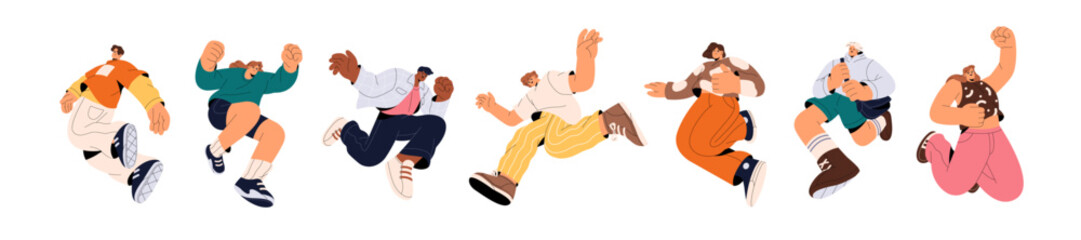 Set of happy people are jumping. Diverse young men and women are leaping for joy, gesturing. Girls and boys have fun, rejoice for success, win, achievement. Flat isolated vector illustrations on white