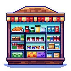 Pixel Art Grocery Store Shelves with Colorful Products in Retro Style