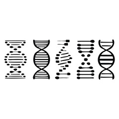 Five stylized DNA strand illustrations, hand-drawn style, black and white.