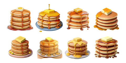Delicious Stack of Pancakes with Butter and Syrup on Plates, isolated on transparent background