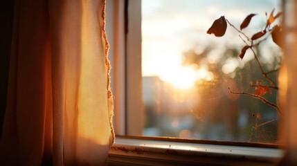 A warm window scene with golden sunlight shining through sheer peach curtains and a plant with dried leaves. The window frame and radiator are visible, creating a cozy, tranquil atmosphere with a