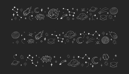 Celestial doodle chalk border, falling star blink divider. Set Hand drawn ornament with stars, planets, meteorite and moon. Space magic simple decor.