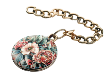 Exquisite vintage pocket watch adorned with floral patterns resting elegantly on a white surface isolated on transparent background