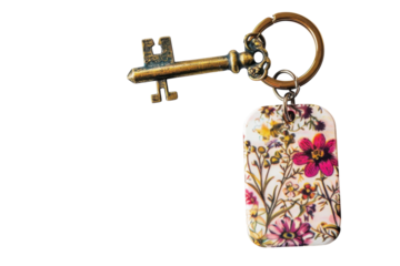 A vintage key adorned with a floral design tag rests elegantly on a clean white surface, capturing a moment of rustic charm and whimsy isolated on transparent background