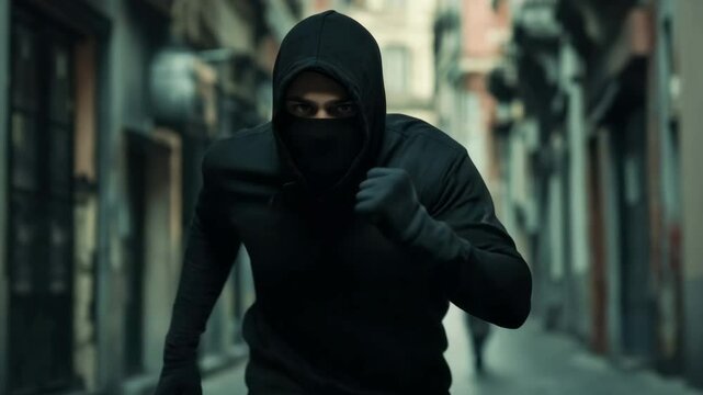 Thief guy, criminal flees scene of crime, rushes from pursuer. Hooded man dashes through city street alley. Theft, escape. Offender run away from police justice.