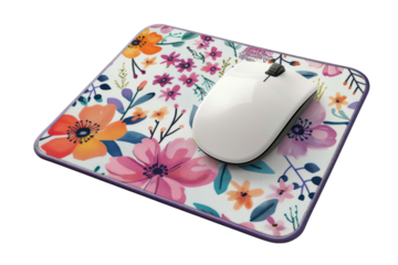 A beautifully designed floral mouse pad paired with a sleek white computer mouse creates a charming workspace setup isolated on transparent background