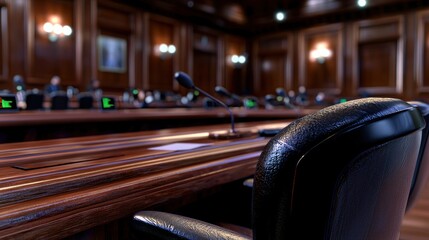 Formal meeting room, microphones, wooden table, blurred background of attendees.  Possible use business, policy, political stock