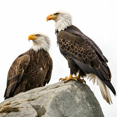 Fototapeta premium Bald eagles, full-frame ultra-detailed image of two majestic eagles in flight, with their powerful wings spread wide against a dramatic sky, capturing every feather and the intensity of their gaze.