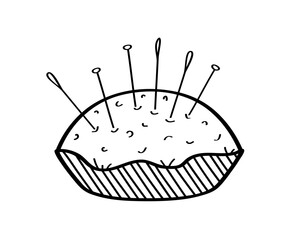 Needler doodle icon. A soft cushion with needles and pins for needlework. Vector illustration of an isolate on a white background.