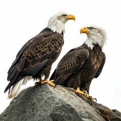 Fototapeta premium Bald eagles, full-frame ultra-detailed image of two majestic eagles in flight, with their powerful wings spread wide against a dramatic sky, capturing every feather and the intensity of their gaze.