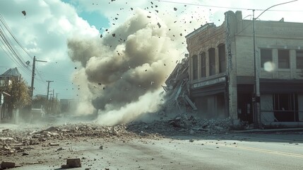 A crumbling building hit by an earthquake, with dust clouds rising and cracks in the pavement