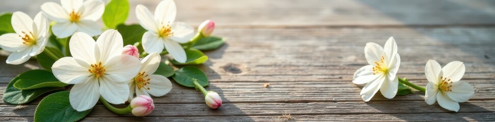 Soft spring scene, white flowers, wooden surface, romantic, soft
