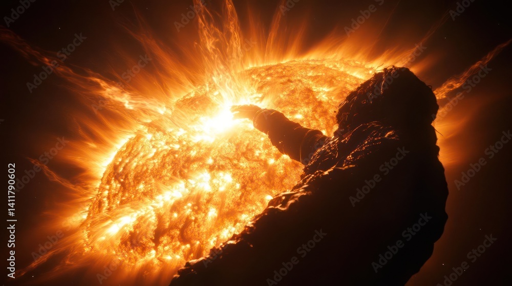 Poster Silhouette of a figure standing against a bright, exploding star. The figure is dark with textured details, contrasting sharply with the vibrant orange and yellow light emanating from the stellar