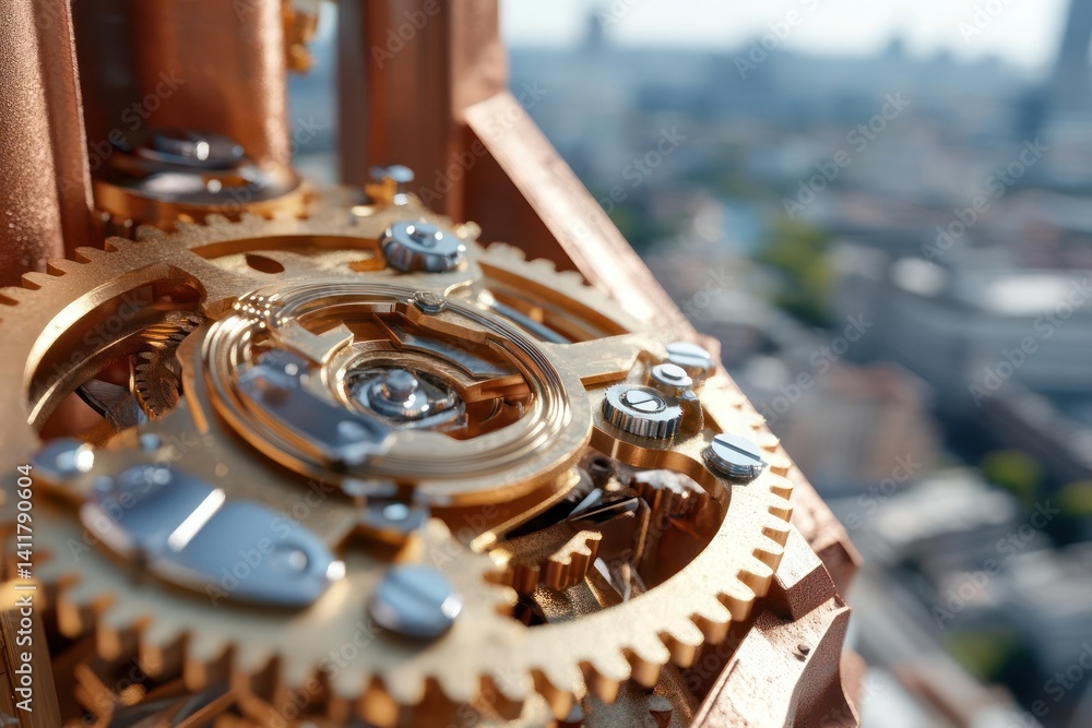 Poster close up shot of a golden clock mechanism with metallic silver components and gears, soft focused an