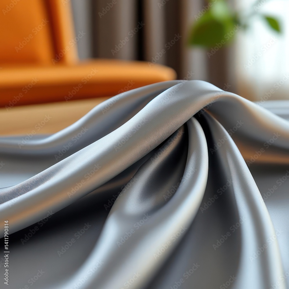 Poster Close-up shot capturing the elegant folds of a silver cloth, bathed in soft light. An orange sofa adds a pop of color in the background, complemented by the subtle greens of a potted plant, creating