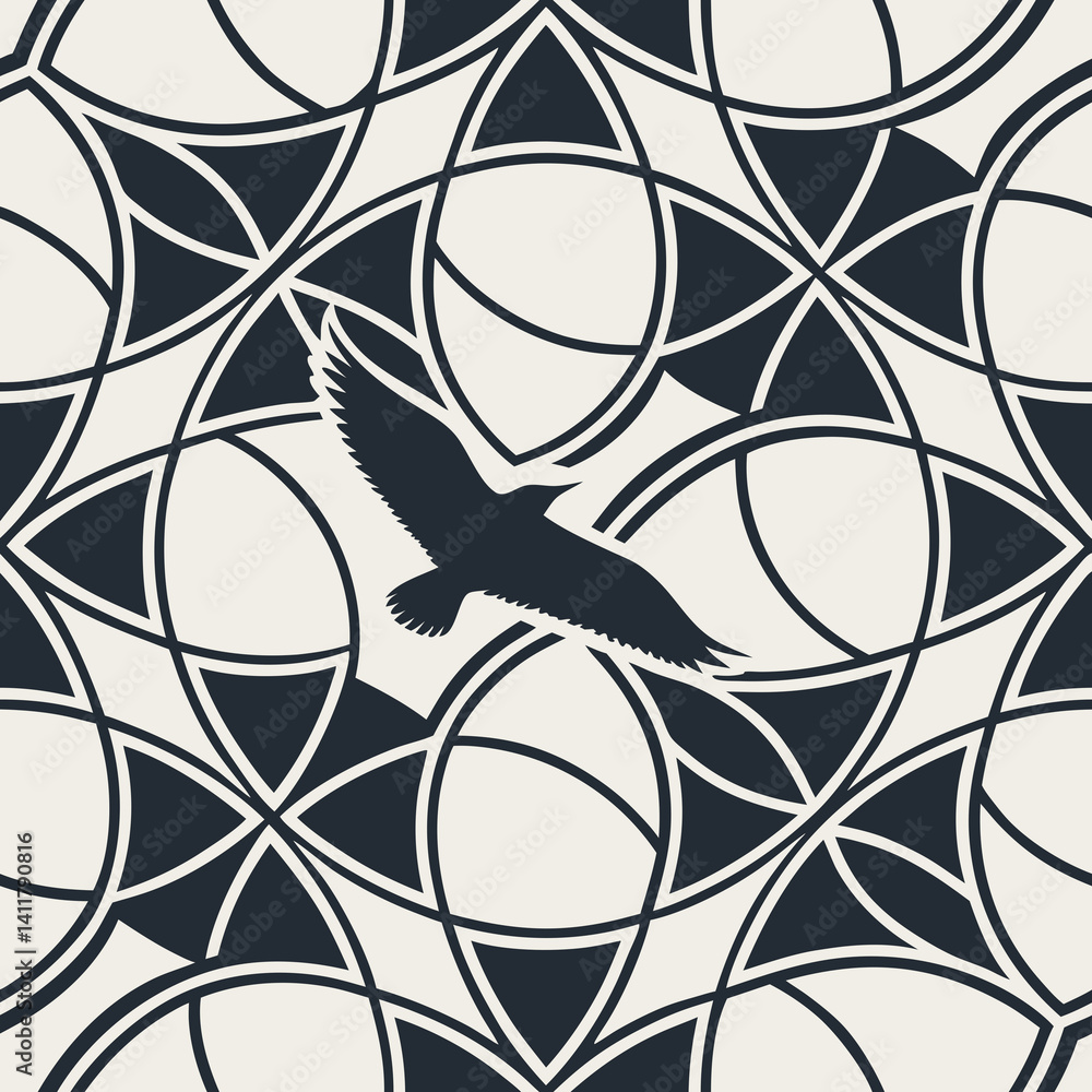 Poster seamless vector pattern with flying bird against geometric shapes
