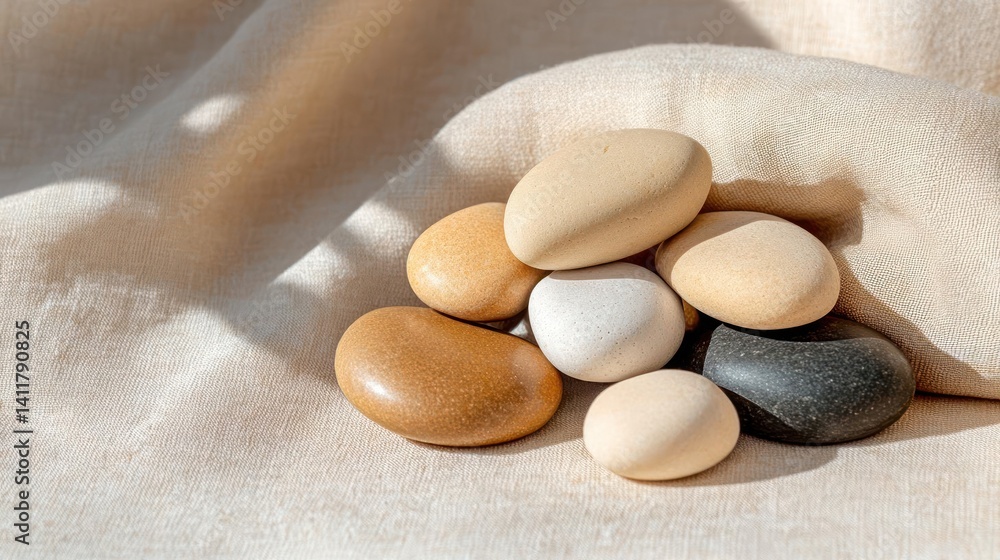 Poster close-up of pile of smooth, polished pebbles in various colors resting on textured beige towel under