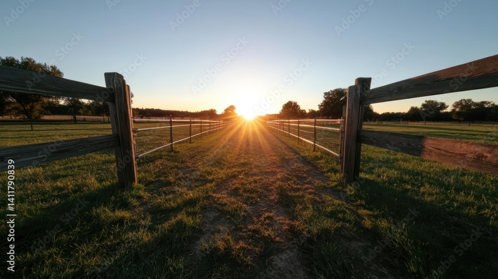 Poster a rural landscape featuring a path leading through a wooden fence towards the setting sun, with gold